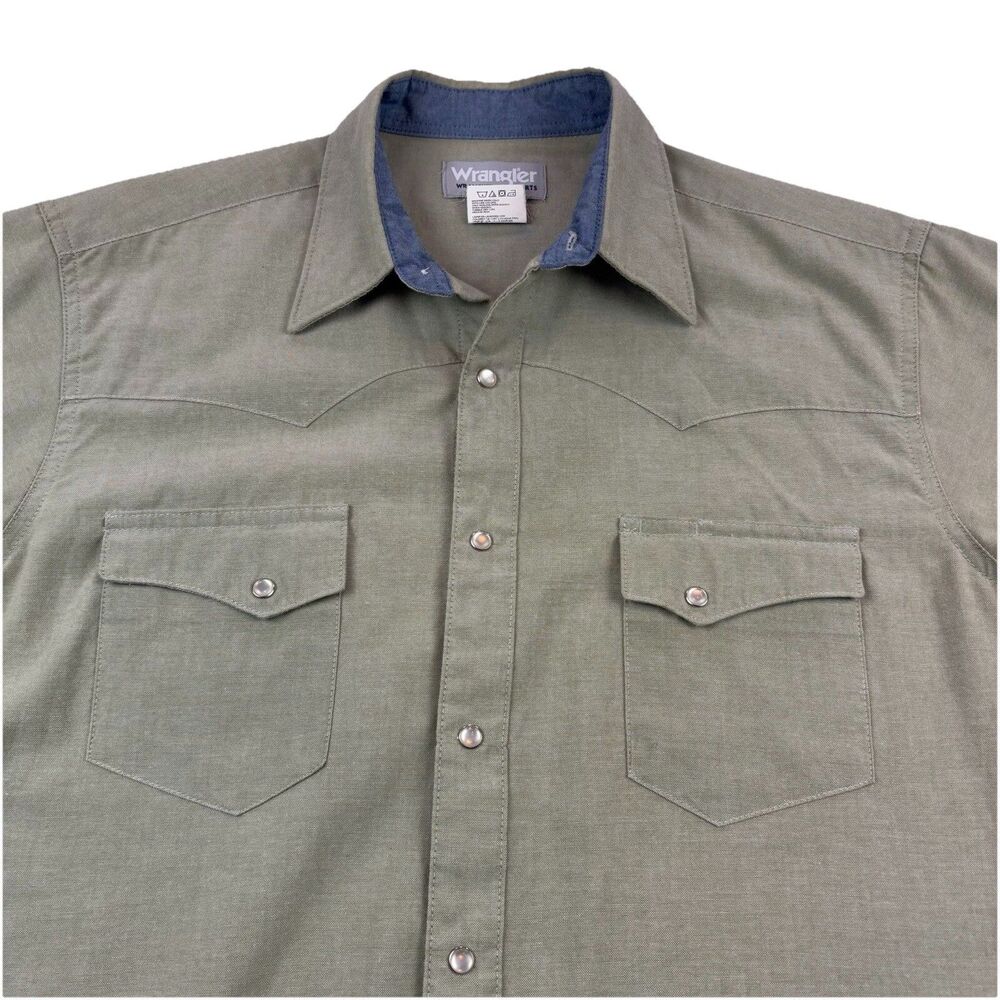 Wrangler Pearl Snap Shirt Mens L Tan Short Sleeve Raw Hem Red Stitch